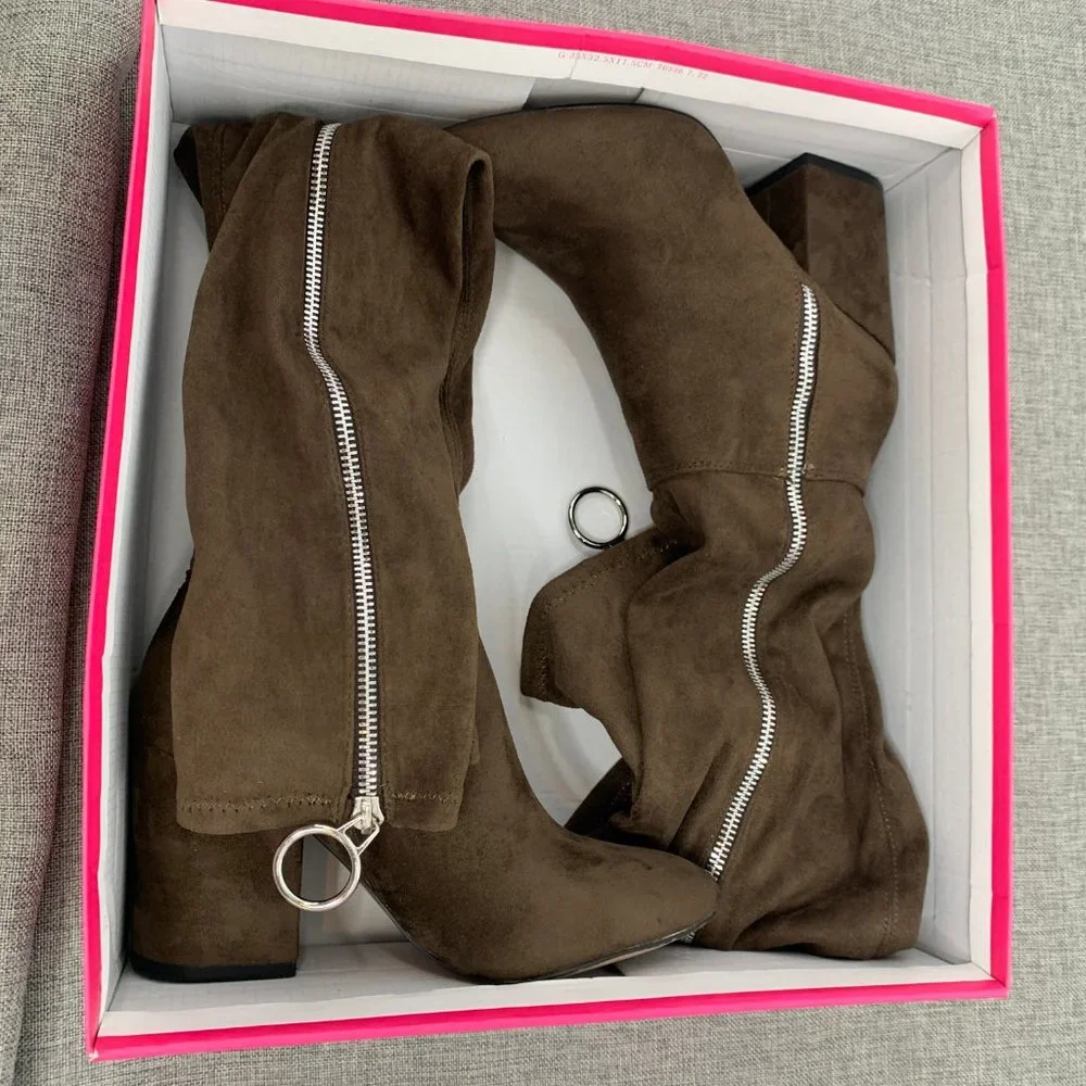Shoe Dazzle Over The Knee Sexy Suede‎ Boots Brown Zipper Block 3.25